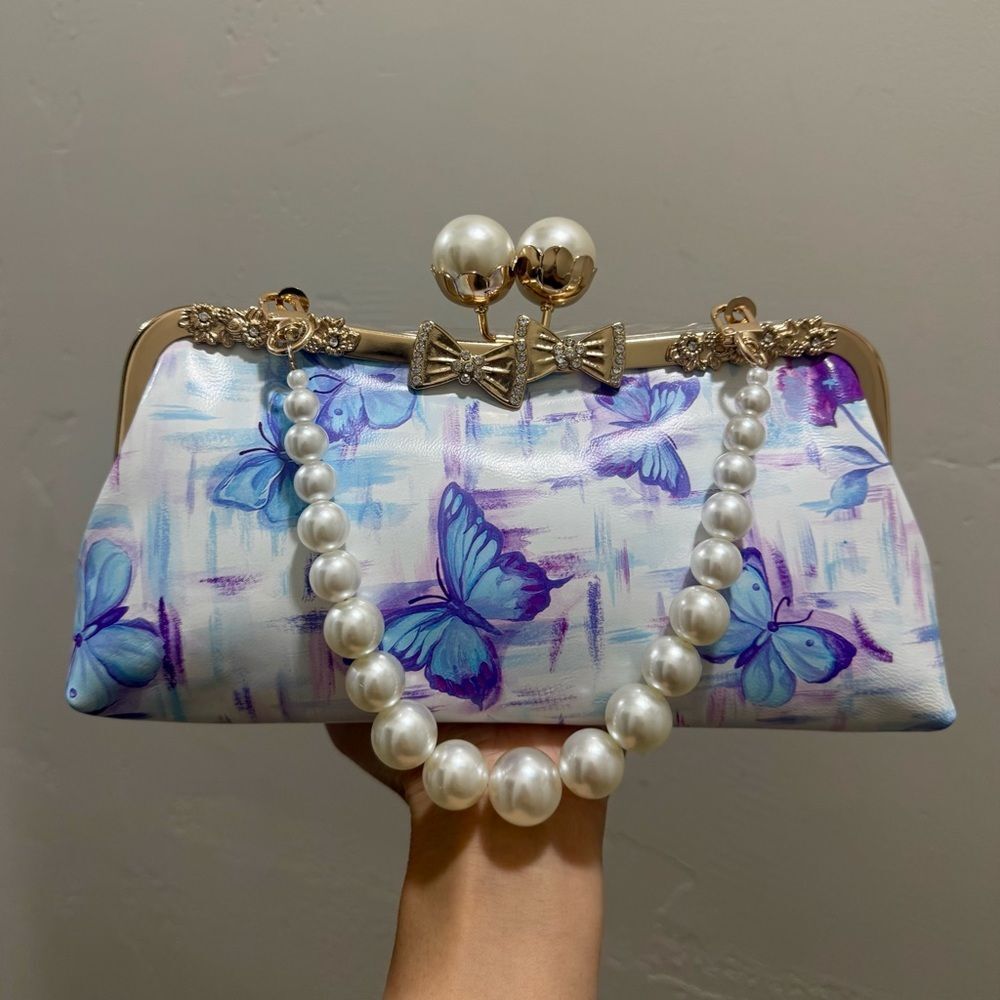 Butterfly Print Genuine Leather Handmade Pearl Kisslock Clutch Bag, Crossbody